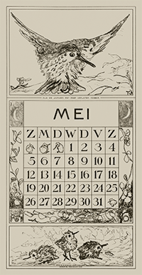 Monthly calendar of april drawn in the style of art nouveau with birds as decoration