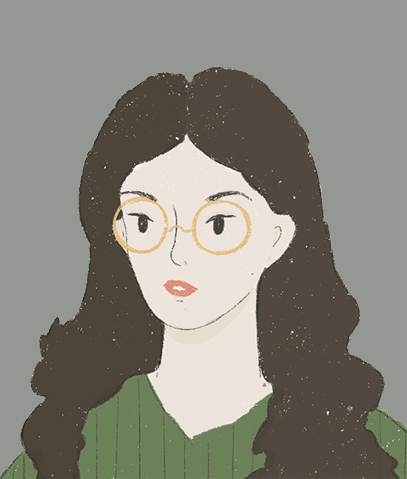 A drawing of me. I am white, with long brown hair and wearing round gold glasses.